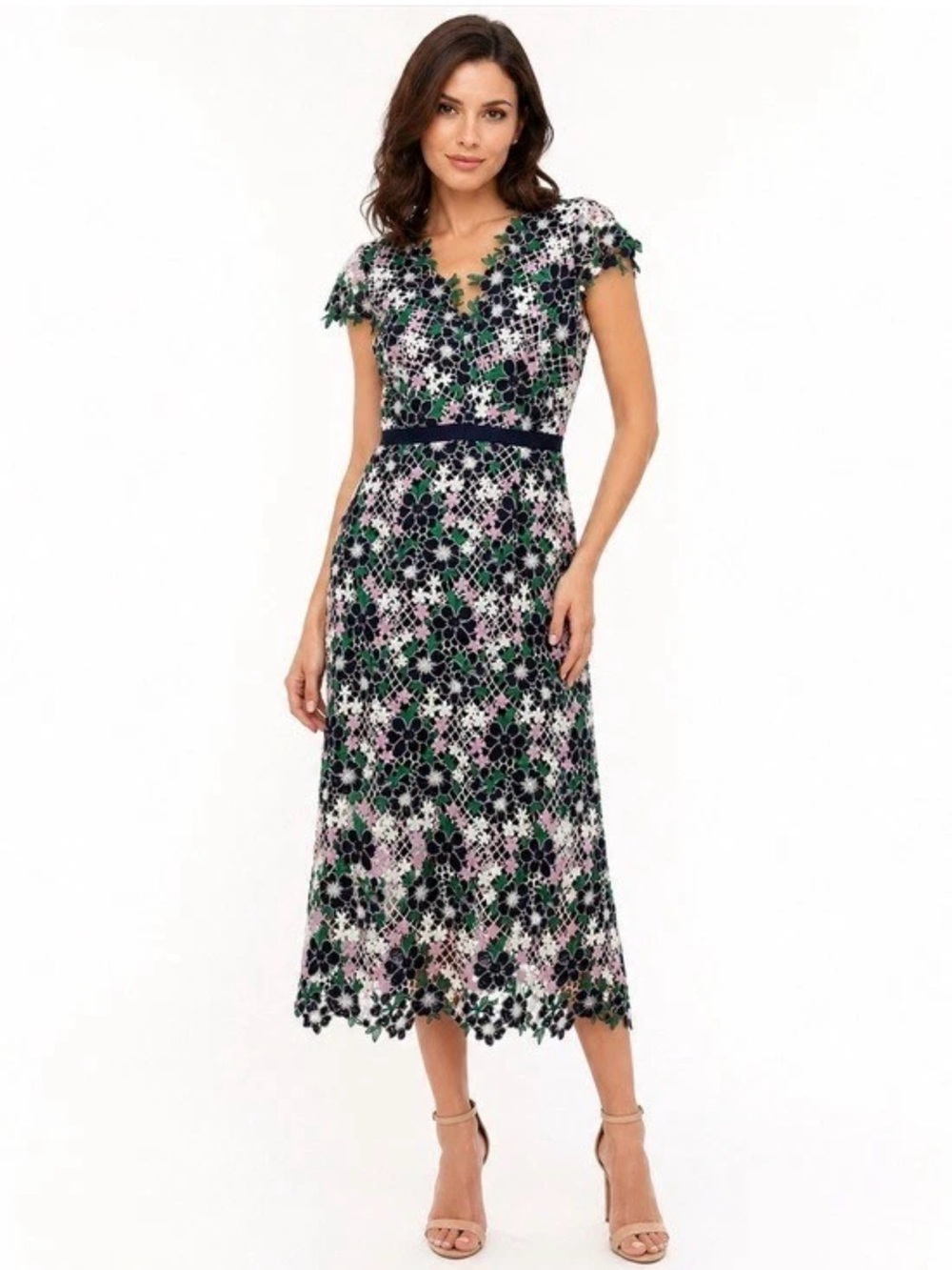 FoxieDox Maryem Green Pink Embroidered Crochet Midi Short Sleeve V Neck Dress Sm
